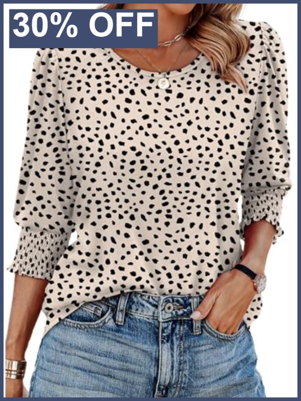 3/4 Sleeve Smocked Cuff Blouse Dressy Casual Women's Top